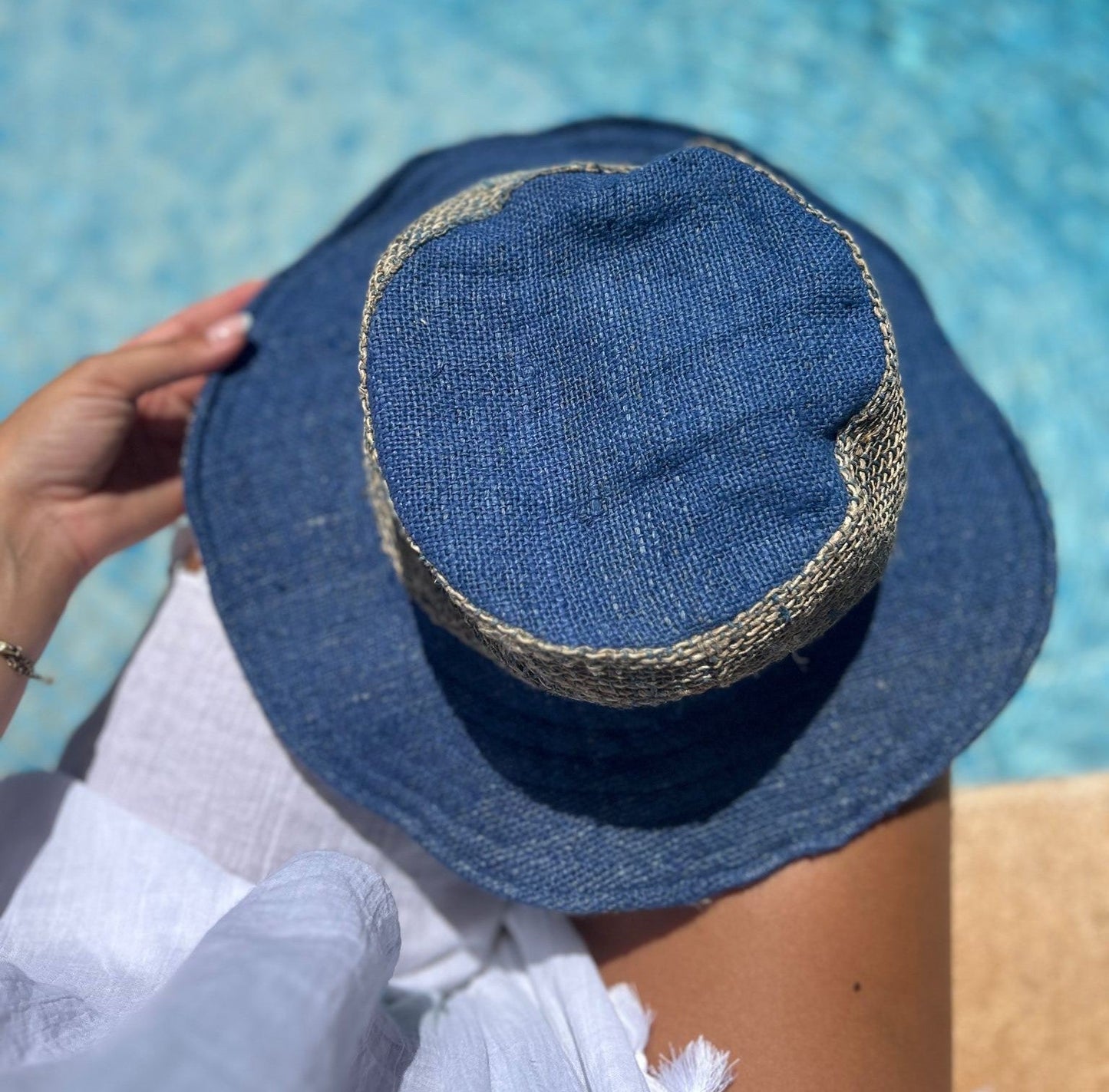 Beautiful Hemp Unisex washed Blue BORLA OUTBACK hat with a flexible, fringed brim