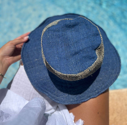 Beautiful Hemp Unisex washed Blue BORLA OUTBACK hat with a flexible, fringed brim
