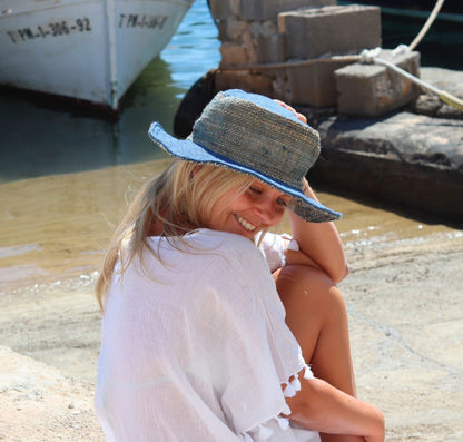 Beautiful Hemp Unisex washed Blue BORLA OUTBACK hat with a flexible, fringed brim