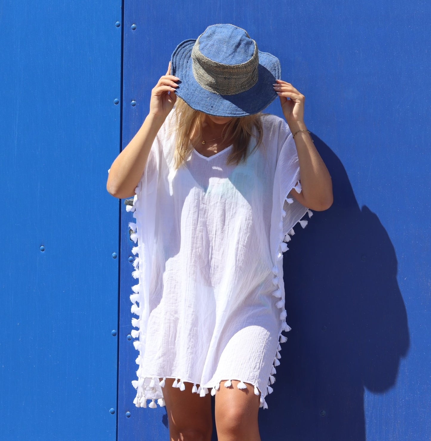Beautiful Hemp Unisex washed Blue BORLA OUTBACK hat with a flexible, fringed brim