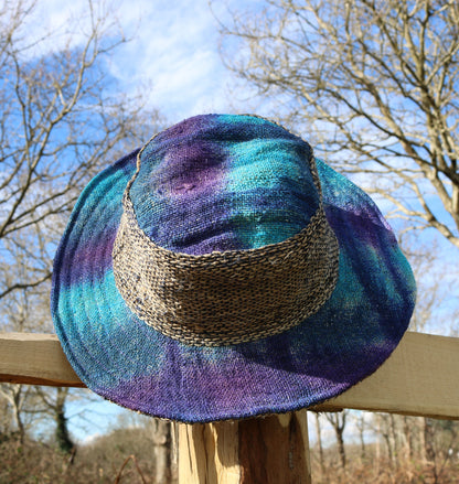 Beautiful Hemp Unisex blue and purple TIE-DYED BORLA OUTBACK hat with a flexible, fringed brim