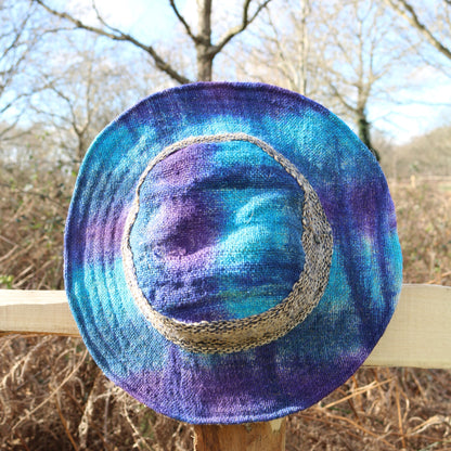 Beautiful Hemp Unisex blue and purple TIE-DYED BORLA OUTBACK hat with a flexible, fringed brim
