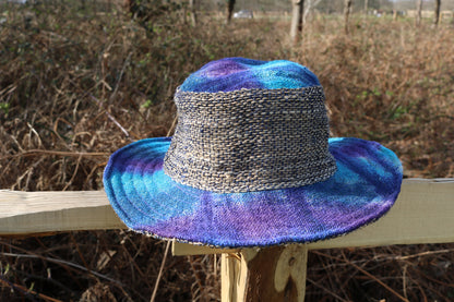 Beautiful Hemp Unisex blue and purple TIE-DYED BORLA OUTBACK hat with a flexible, fringed brim