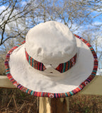 Unisex OUTBACK NEPALA CREAM hat with a flexible, finished and lined brim. Beautiful pure Cotton + Gheri trim