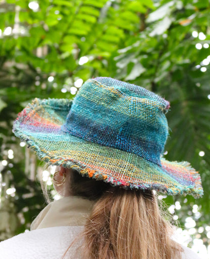 Beautiful Hemp Unisex RAINBOW BORLA OUTBACK hat with a flexible, fringed brim