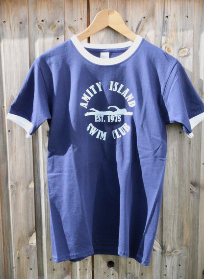 AMITY SWIM T-Shirt Navy Blue white trim - the perfect gift for Jaws fans !