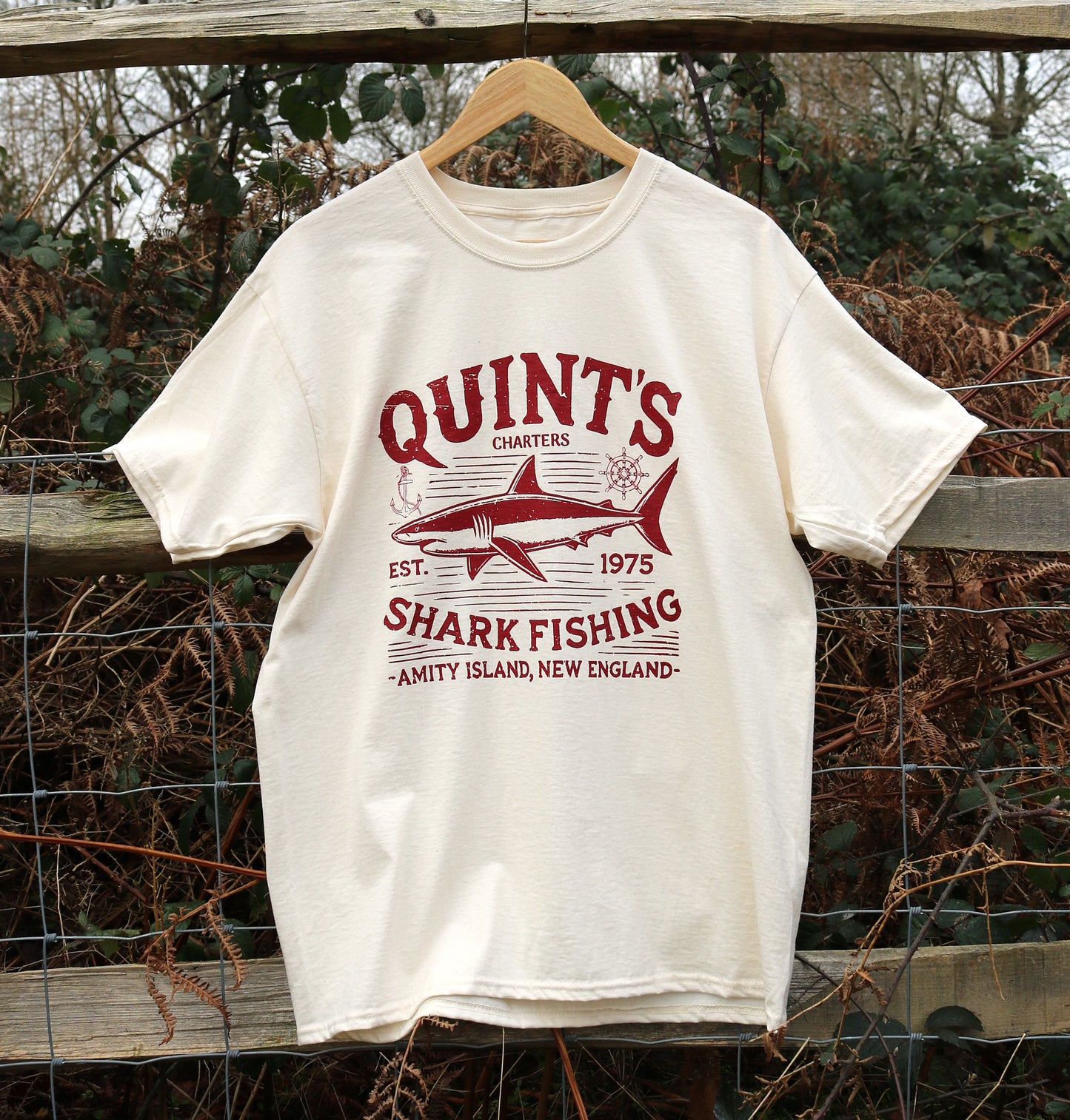 Pure cotton QUINT'S T-Shirt in natural cream - the perfect celebation of 50 years of the movie Jaws!