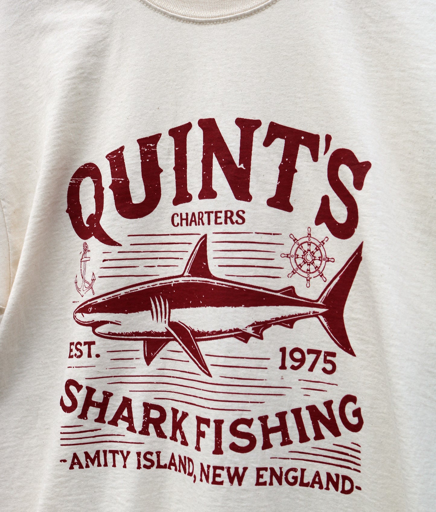 Pure cotton QUINT'S T-Shirt in natural cream - the perfect celebation of 50 years of the movie Jaws!