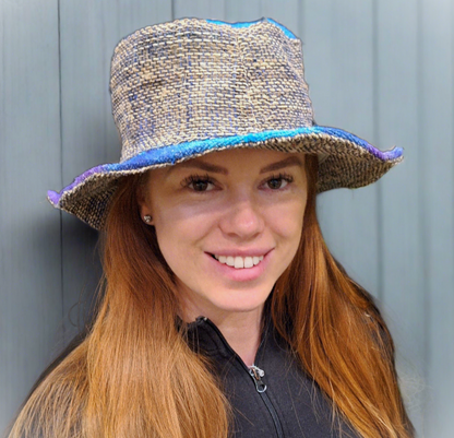 Beautiful Hemp Unisex blue and purple TIE-DYED BORLA OUTBACK hat with a flexible, fringed brim