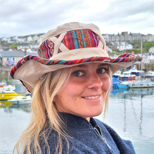Unisex OUTBACK NEPALA CREAM hat with a flexible, finished and lined brim. Beautiful pure Cotton + Gheri trim