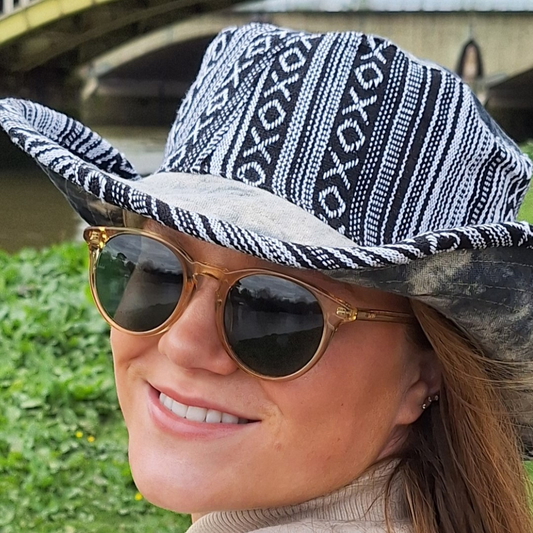 Unisex OUTBACK NEPALA MONO hat with a flexible, finished and lined brim. Beautiful pure Cotton + Gheri trim