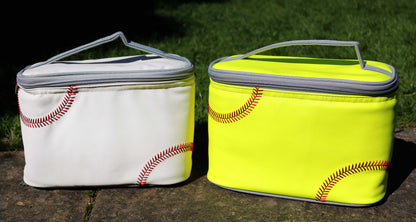Softball Insulated Lunch Box Next To Baseball Insulated Lunch Box