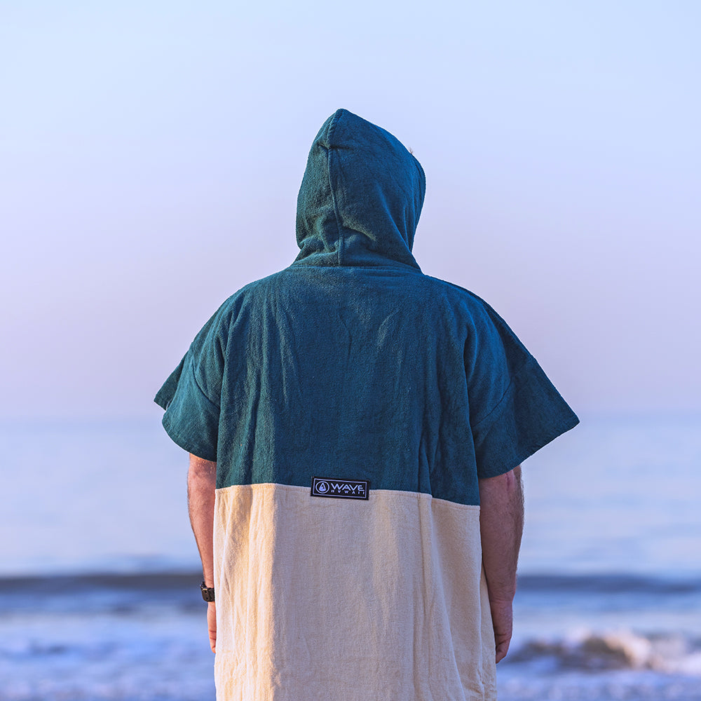 Wave Style Poncho PETROL Hood Up Back View