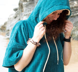 Wave Style Poncho PETROL Hood Up & Strings For Tighter Fit